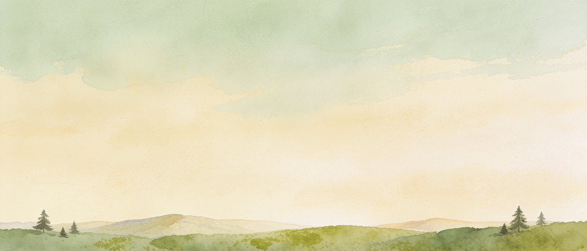 Pale watercolour horizon band with distant hills and pines