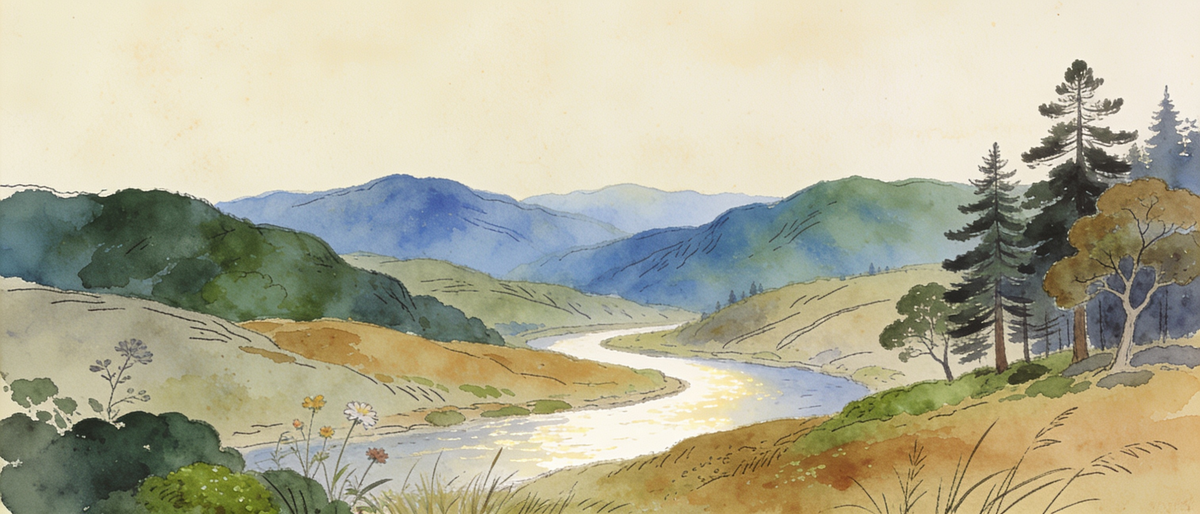 Watercolour landscape of rolling hills, a river and distant mountains