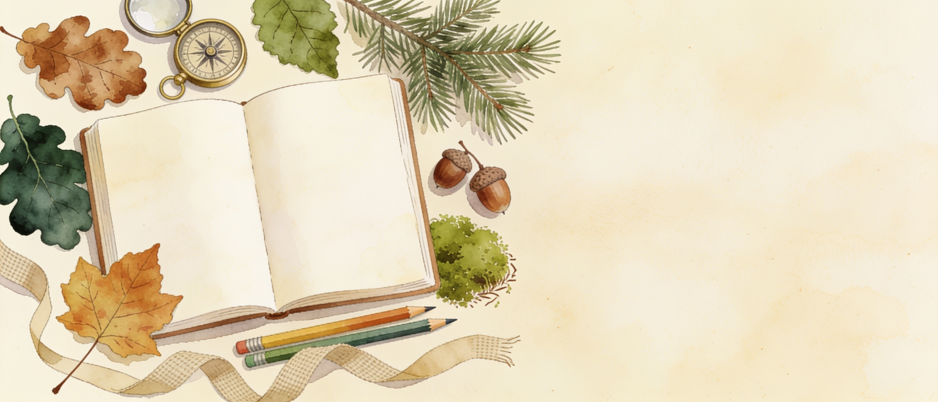 Watercolour flat lay of an open nature journal, pressed leaves, a compass and pencils