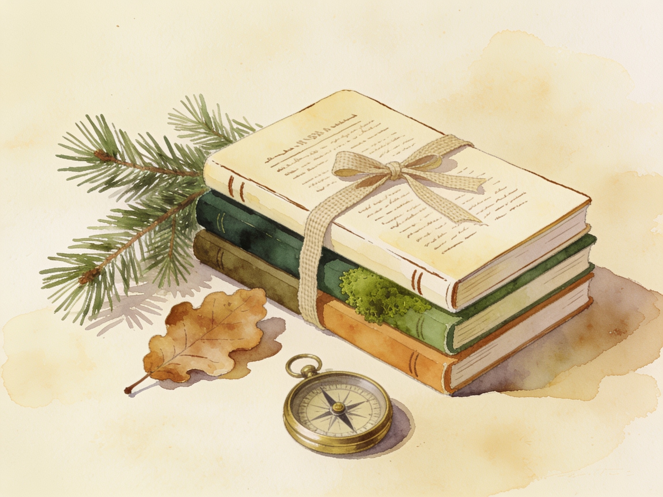Watercolour still life of three journals tied with linen ribbon