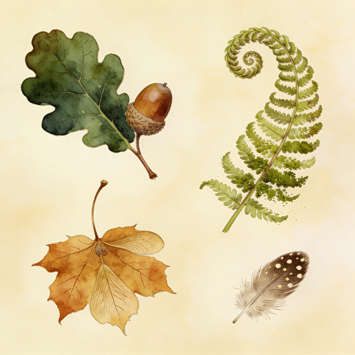 Watercolour botanical specimen plate with oak leaf, fern and feather