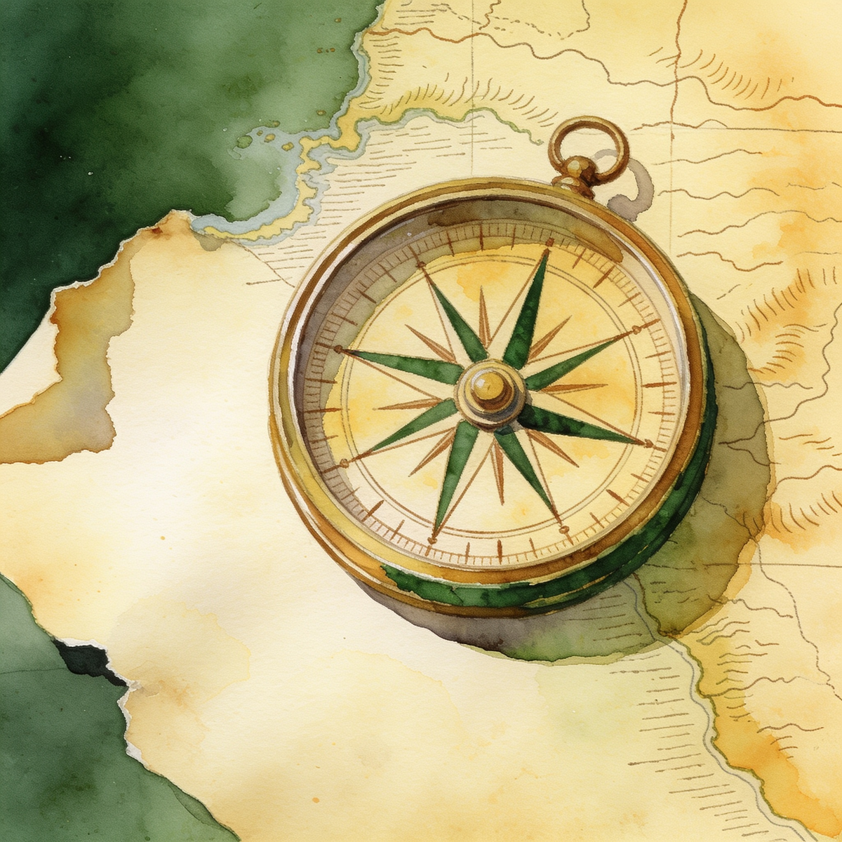 Watercolour compass rose over the corner of an old hand drawn map