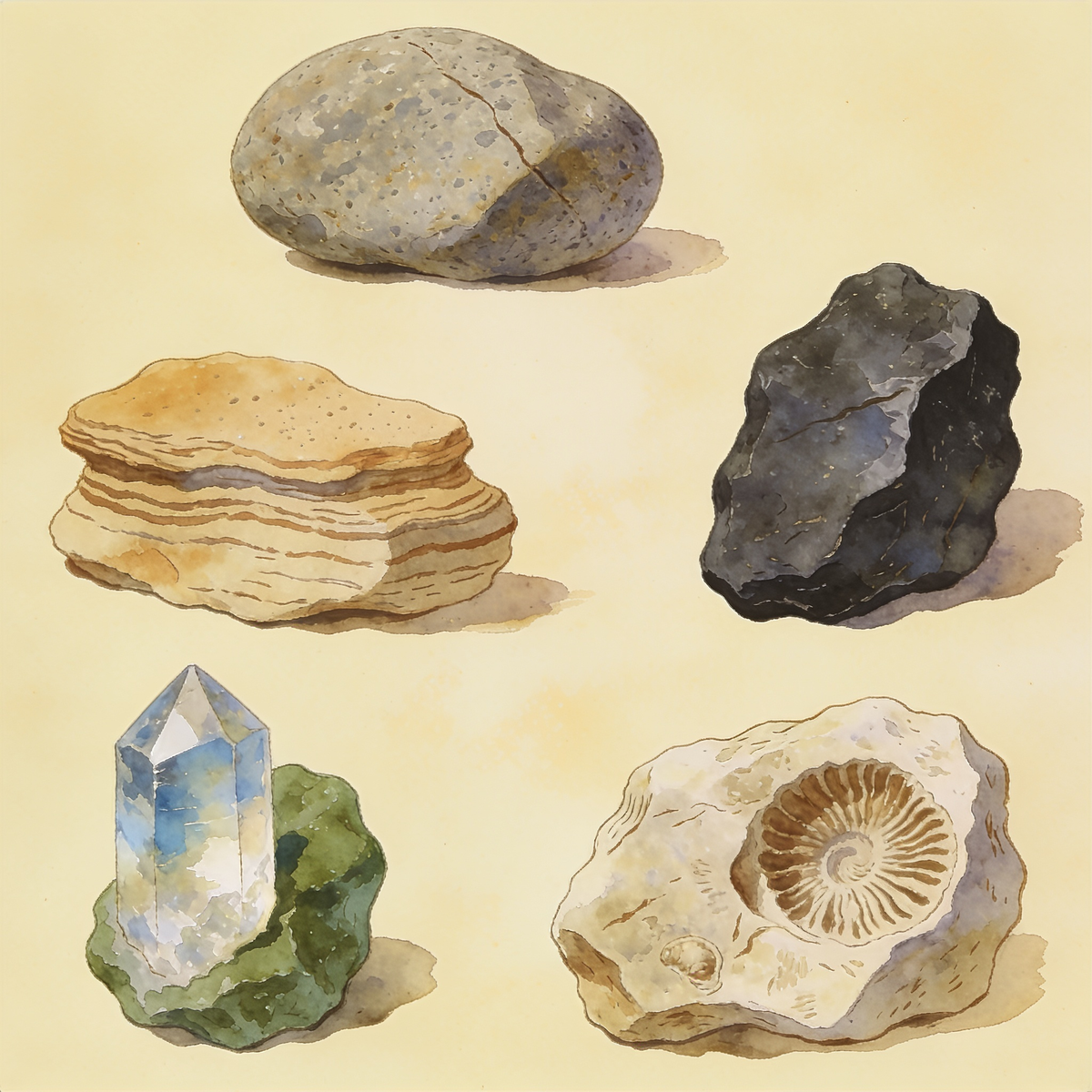 Watercolour specimen plate of rocks and minerals